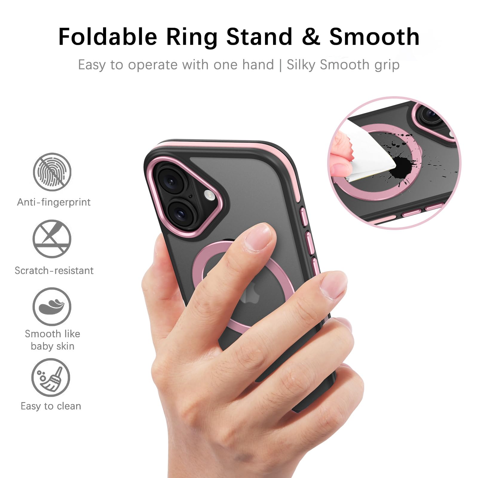 Veningo Iphone 16 Case, Magnetic Slim Fit Magsafe Translucent Matte Car Mount Supported With Foldable Ring Holder Kickstand Shoc
